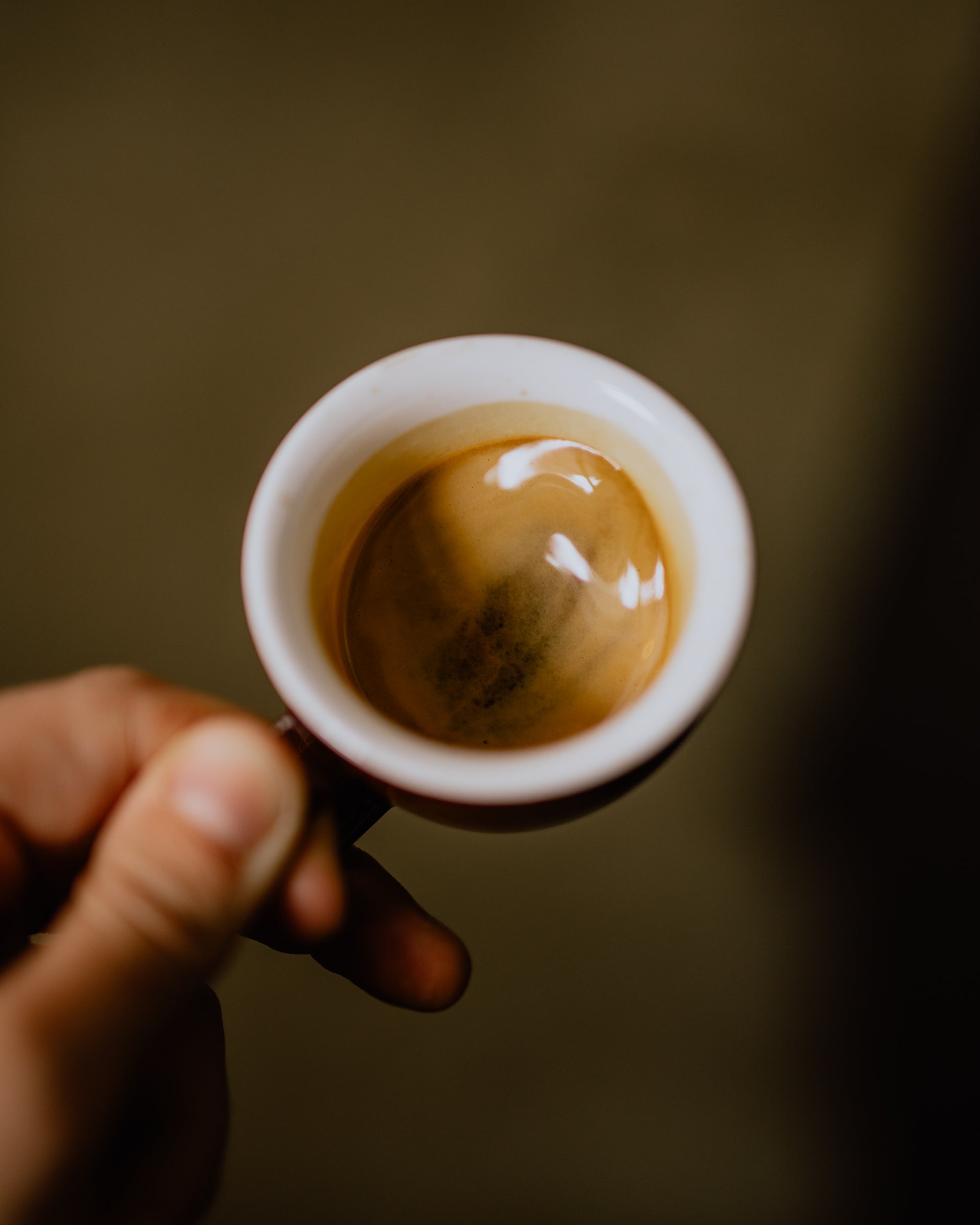 A cup of espresso is being swirled around to aerate. The silky crema reflects the light nicely.