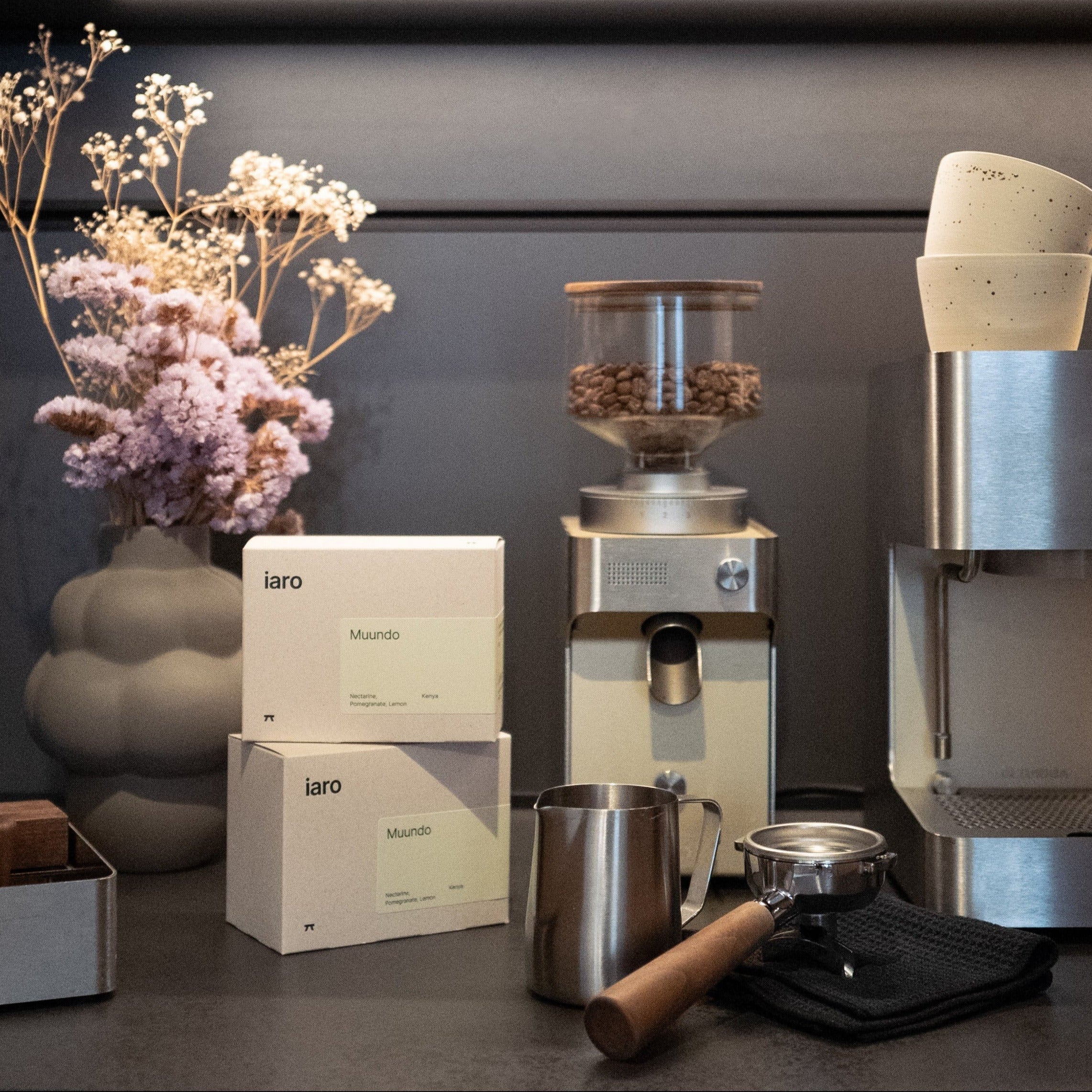 finely decorated coffeebar with zuriga appliances and iaro coffeepacks neatly set in scene next to it